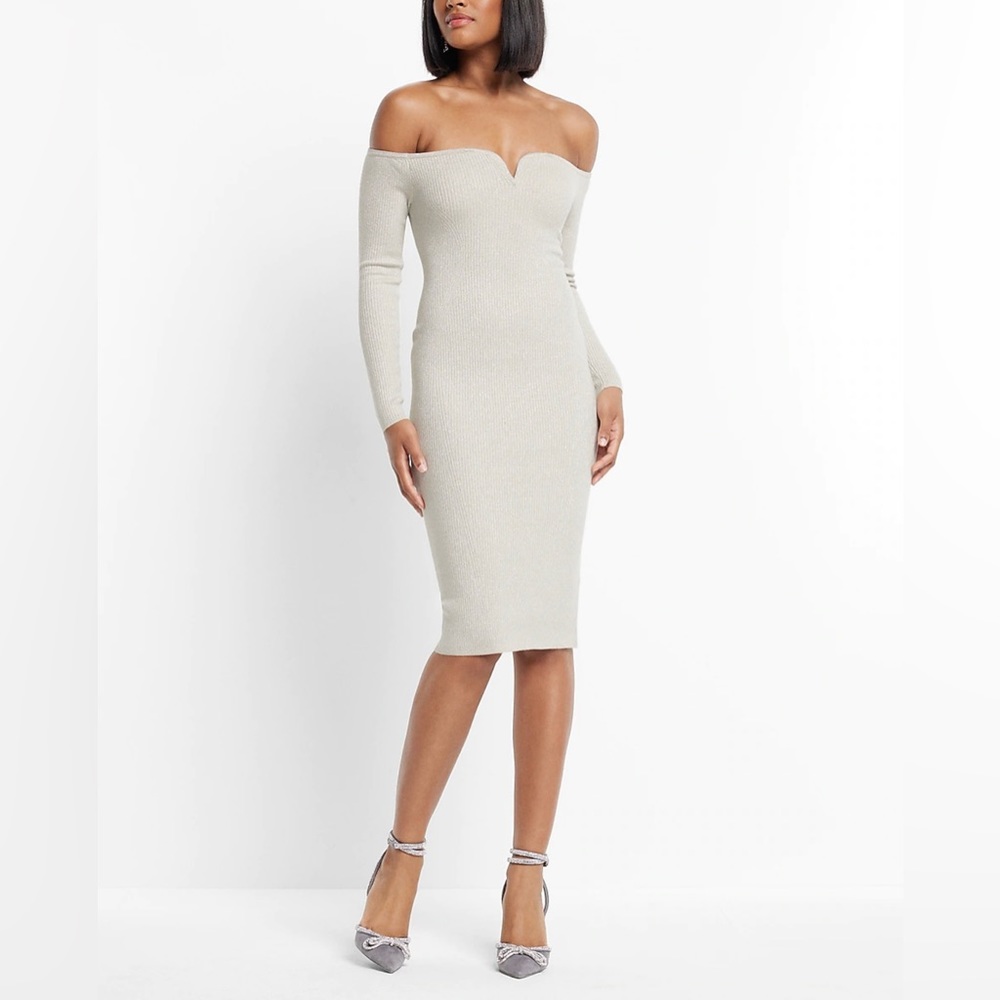 NWT Express Metallic Ribbed Off TheShoulderLong Sleeve V-Wire Midi Sweater Dress
